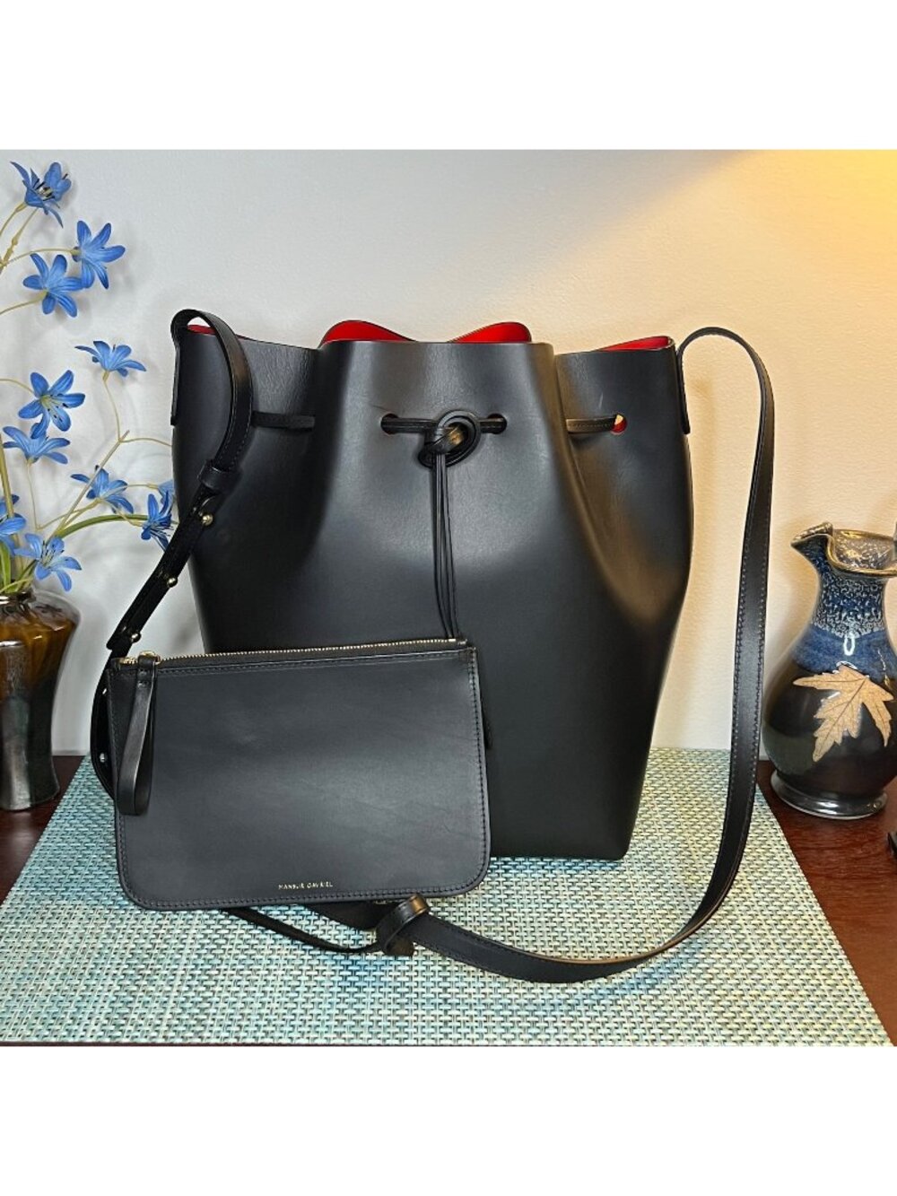 EUC Mansur Gavriel Black Flamma Red Drawstring Large Bucket Bag